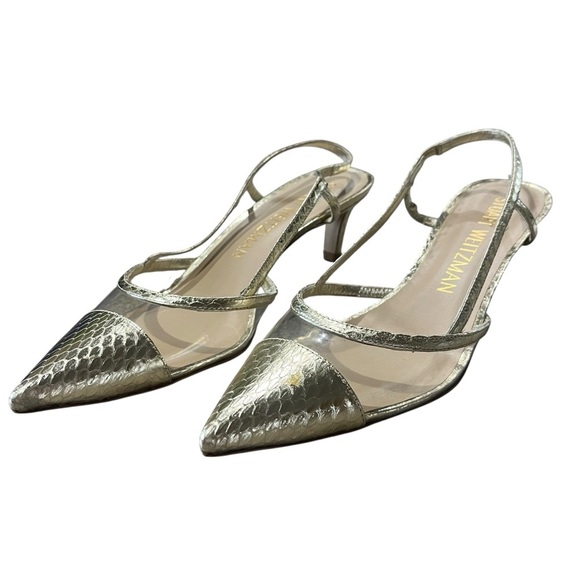 Stuart Weitzman Slingback Size 9 NEW Gold Metallic Kitten Heel Designer FLAW - Picture 3 of 14